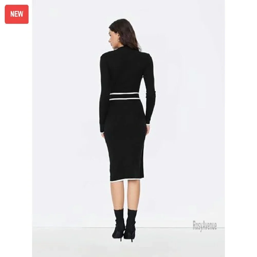 Long Sleeve Mock Turtleneck Sweater Dress Midi Work Dress Slim Fit - Picture 7 of 8